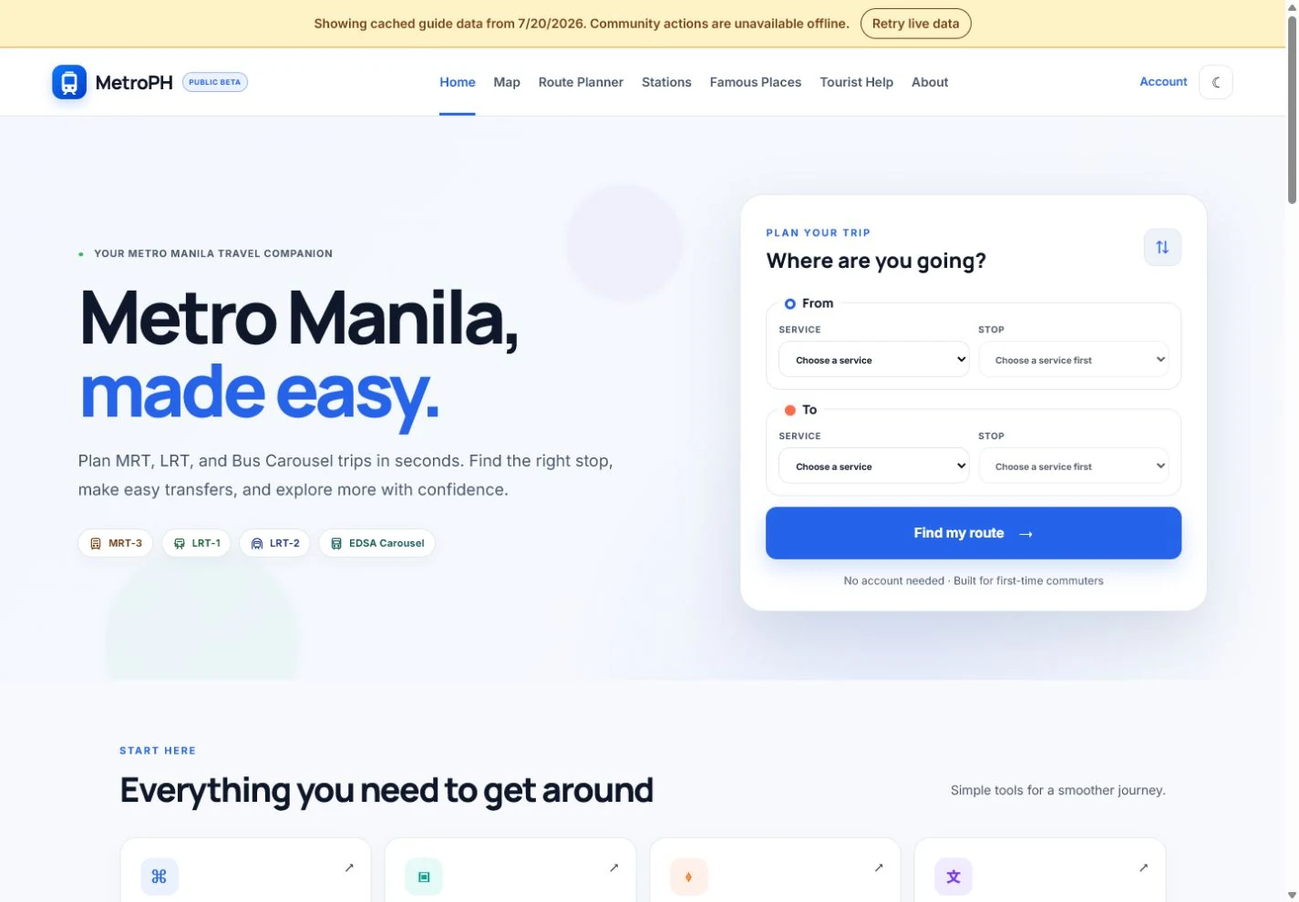 MetroPH homepage showing its route-planning tools and Metro Manila travel features.