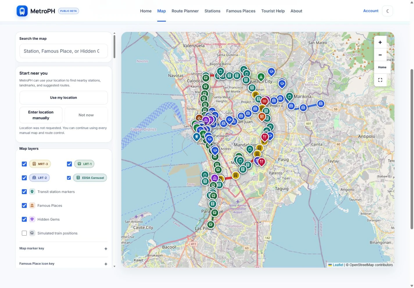 MetroPH interactive map showing search, transit layers, station markers, Famous Places, and Hidden Gems.