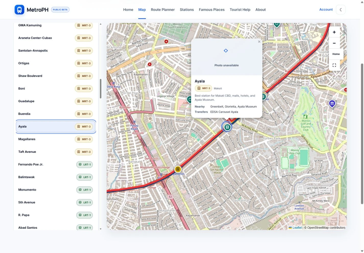 MetroPH interactive map showing the authentic Ayala station detail interface.