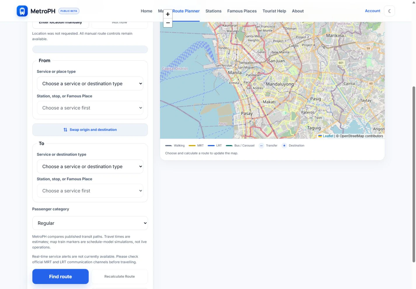MetroPH route planner showing origin, destination, passenger category, and route map controls.